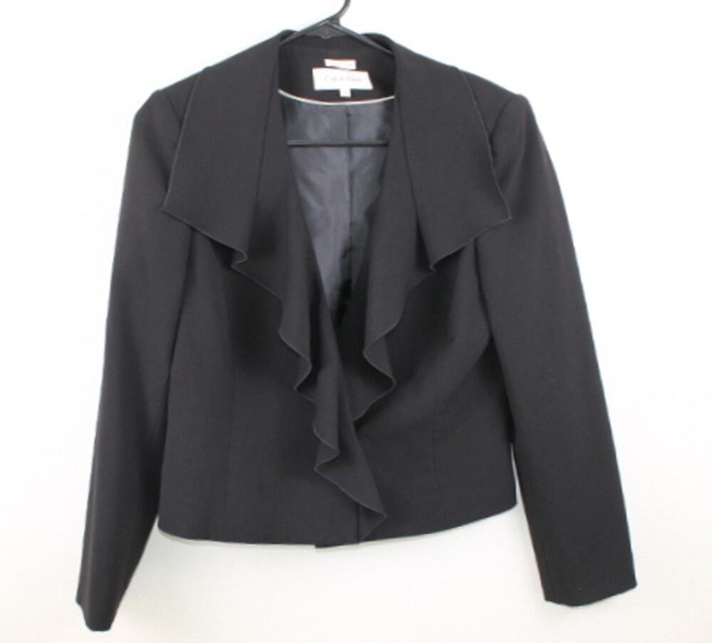 Vintage Calvin Klein Cropped Blazer Black Size 6 Y2K Corpcore Ruffle Collar